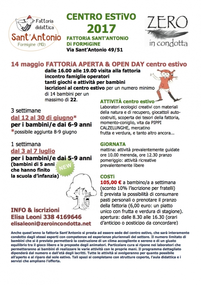 dal 8 GIUGNO al 7 LUGLIO a FORMIGINE: CENTRO ESTIVO IN FATTORIA - ZERO in condotta